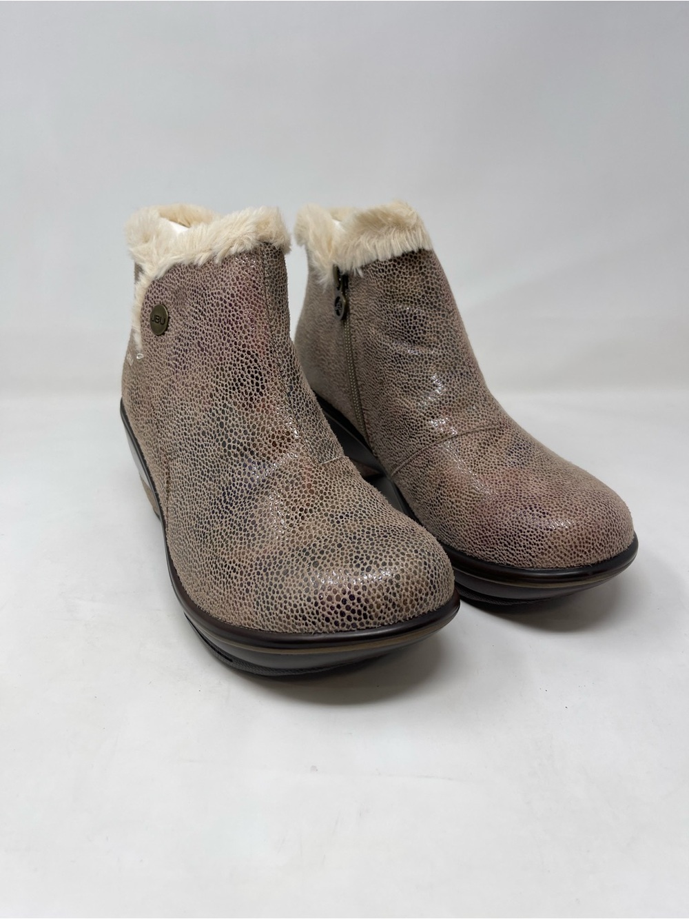 JBU Jambu Women Taupe Brown Pebble Print Faux Fur Trim Wedge Ankle Boots Size 8